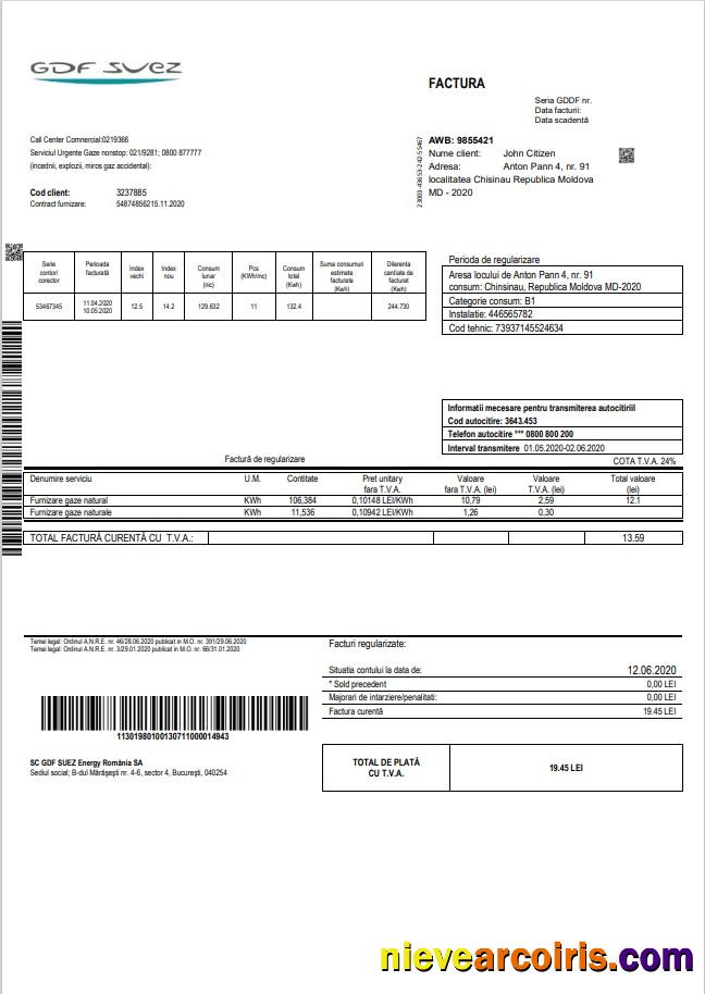 Moldova Gas utility bill